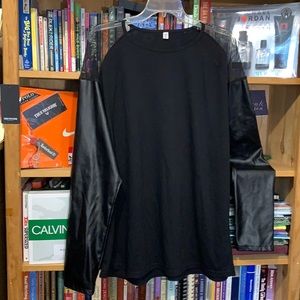 ORDER PLUS-women’s black long sleeve cold shoulder/mesh w/leather arm shirt
